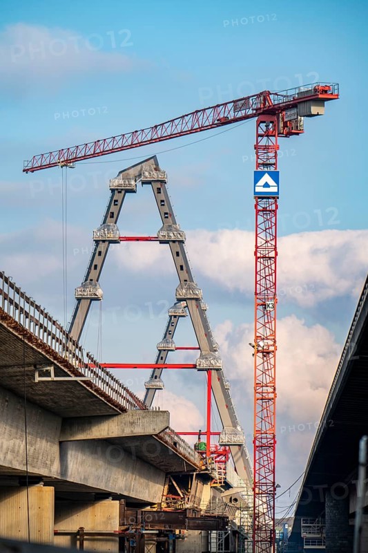 New construction of the A1 motorway bridge over the Rhine near Leverkusen, after completion of the new bridge, the old one will be demolished and another, for a total of 8 lanes, will be rebuilt at the same location, Leverkusen, North Rhine-Westphalia, Germany, Europe