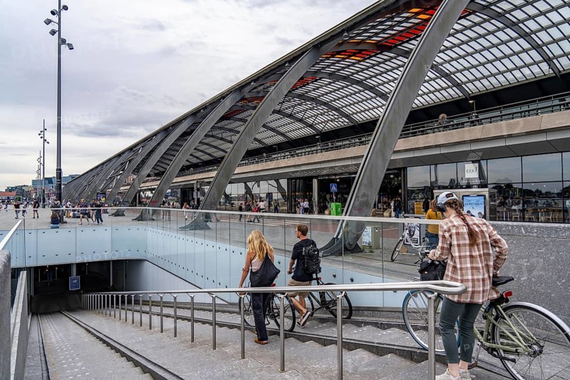 New bicycle car park at Amsterdam Central Station, IJboulevard, space for around 4000 bicycles, digitally monitored, single exit, underground, direct connection to the station, built into the water of the IJ, at the back of the station, Netherlands