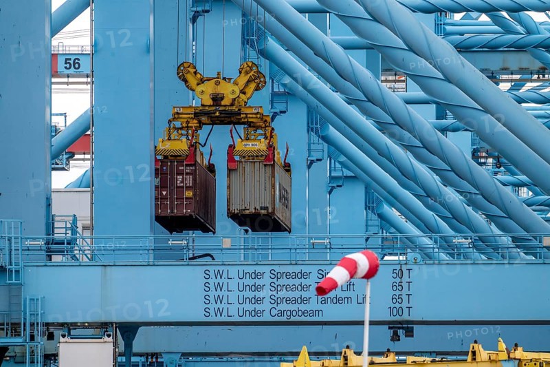 APM Container Terminal, containers being loaded by crane, seaport of Rotterdam, Maasvlakte 2 deep-sea harbour, on an artificial land area, Netherlands