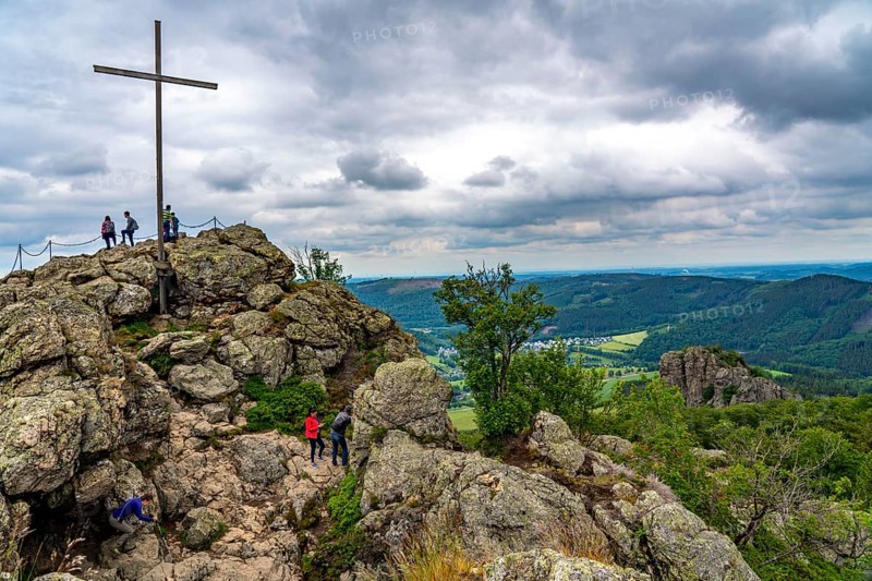 The Bruchhauser Steine, in the Hochsauerland district, the cobblestone, summit cross, rock formations with four main rocks, on the Istenberg in the Rothaargebirge, Bruchhausen, Olsberg, North Rhine-Westphalia, Germany, Europe