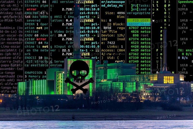 Symbolic image cyberattack, computer crime, cybercrime, computer hackers attack the IT infrastructure of a city, power station, Düsseldorf