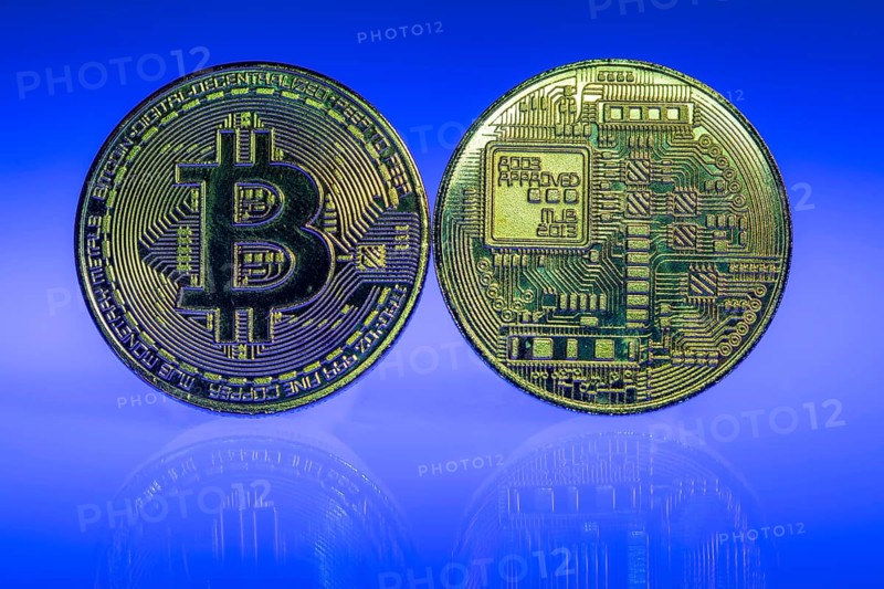 Bitcoin, cryptocurrency, symbol coin, optical placeholder for the digital currency, front and back, symbol of the blockchain