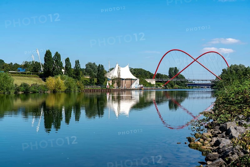 Nordsternpark, former site of the Nordstern colliery, amphitheatre, open-air stage, double arch bridge over the Rhine-Herne Canal, Gelsenkirchen, North Rhine-Westphalia, Germany, Europe