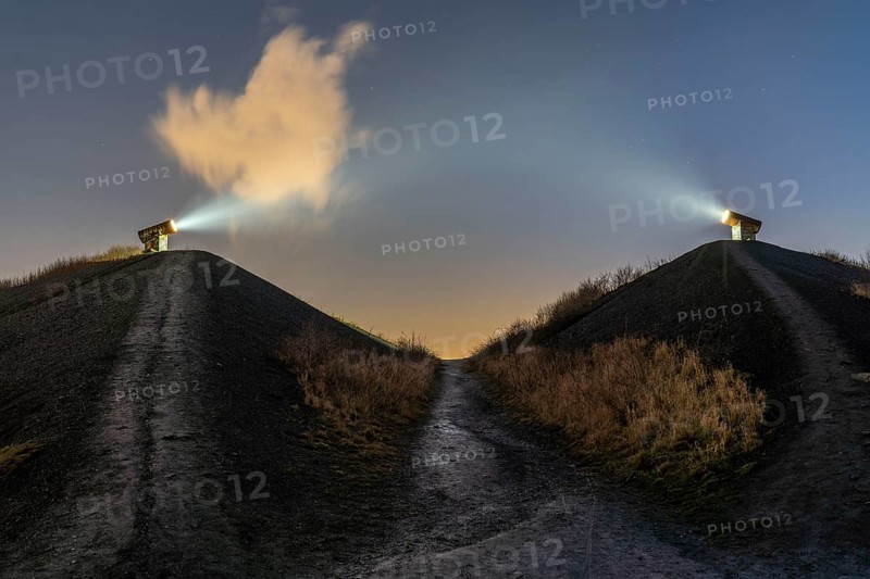 Rungenberg spoil tip in the Buer district, Night Sign light installation, Gelsenkirchen, North Rhine-Westphalia, Germany, Europe