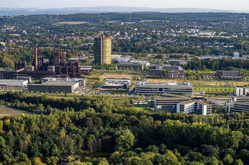 Former steelworks site Phönix West, blast furnace, gasometer, formerly Hoesch, industrial estate, Dortmund, North Rhine-Westphalia, Germany, Europe