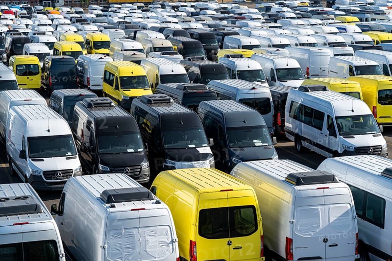 Car terminal in the inland port Logport I, in Duisburg on the Rhine, vehicle handling of new cars, vans, Mercedes-Benz Sprinter, storage space, North Rhine-Westphalia, Germany, Europe