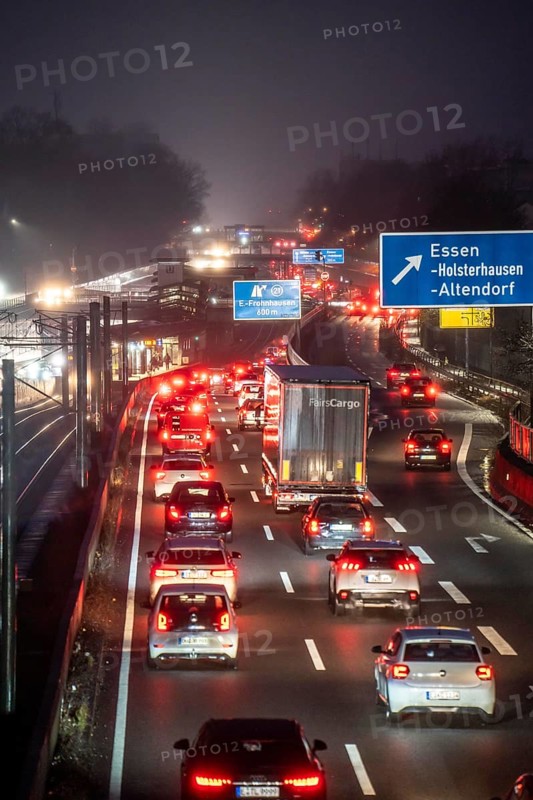 Traffic jam on the A40 motorway, Ruhrschnellweg, in Essen, North Rhine-Westphalia, Germany, Europe