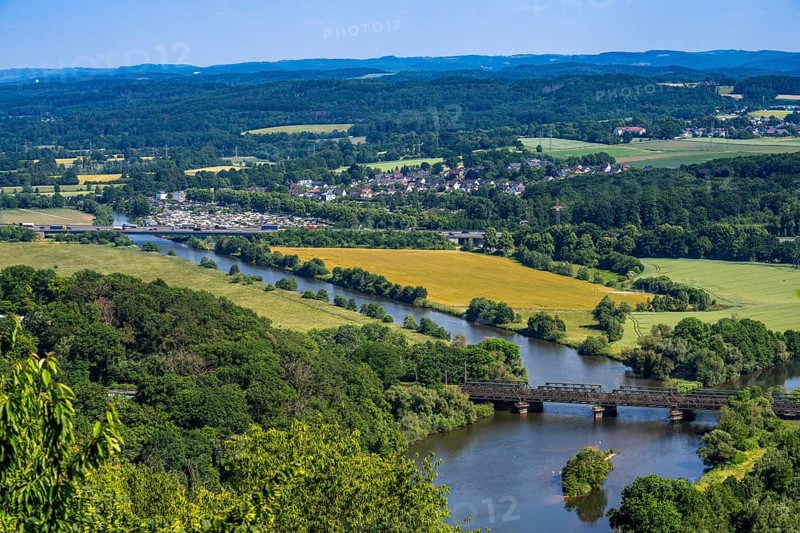 The Ruhr near Hagen, railway bridge, mouth of the river Lippe into the Ruhr, green Ruhr landscape, behind the bridge of the motorway A1 over the Ruhr, North Rhine-Westphalia, Germany, Europe