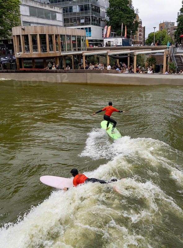 Surfing facility in the city centre of Rotterdam, Rif010, supposedly the world's first wave facility for surfers in a city, in the Steigersgracht, a 130 metre long and 21 metre wide wave pool was built in the existing canal, waves up to 1.5 metres high can be generated, every 7 seconds a wave breaks for the surfers, the 4.5 million litres in the pool, water is moved by 8 wave machines, Netherlands