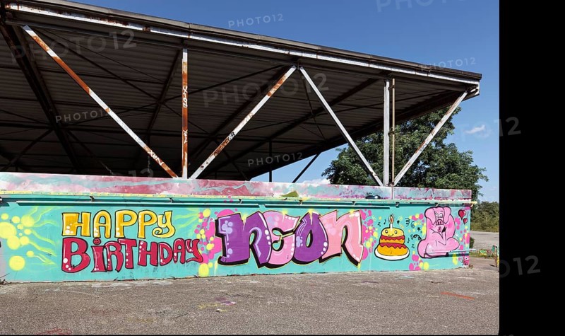 Happy Birthday, Graffiti at the Emscherhalle skating rink, Landschaftspark Duisburg-Nord, Duisburg, North Rhine-Westphalia, Germany, Europe