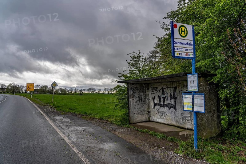 Bus shelter, bus stop, local transport in the countryside, near Breckerfeld, Sonnenschein stop, on the L528, Ennepe-Ruhr district, North Rhine-Westphalia, Germany, Europe