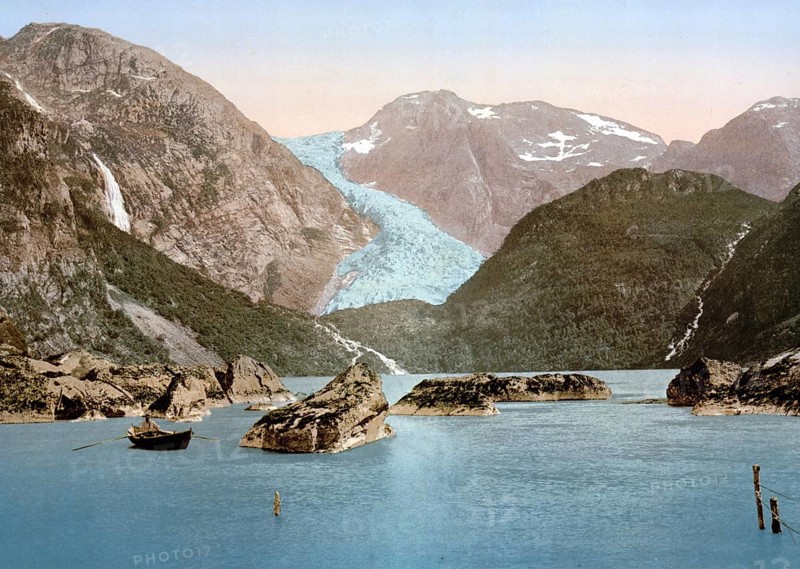 Bondhus glacier and lake, Hardangerfjord, Handanger, Norway, View from 1885, Historical, digitally restored reproduction from a 19th century original, Record date not stated, Europe