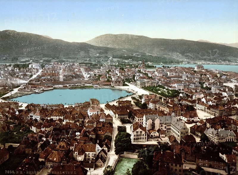 Panorama of Bergen, Norway, View from 1885, Historical, digitally restored reproduction from a 19th century original, Record date not stated, Europe