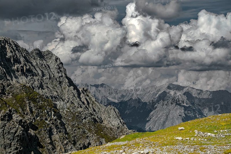 Dramatic weather mood, At the Hafelekar, View from the Karwendelblick of the Innsbruck Nordkette to the Karwendel mountains of the Alps, Alpine landscape, Innsbruck, Tyrol, Austria, Europe