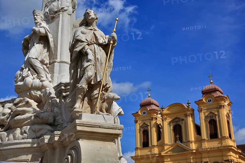 Banat, Timisoara, Timisoara, Old Town, Catholic Cathedral and part of the Trinity Column or Plague Column at Piata Unirii, Unification Square, Cathedral Square, Romania, Europe
