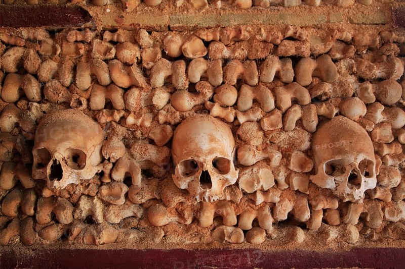 Capela dos Ossos, Bone Chapel, an ossuary in Faro, Portugal, which belongs to the 18th century Baroque Carmelite Church of Nossa Senhora do Carmo, Europe
