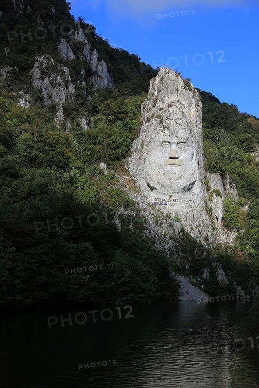 Wallachia, statue of the Dacian king Decebalus, Decebalus Rex Dragan Fecit, 40 metre high statue and at the same time the highest rock sculpture in Europe, is located on a rock formation on the banks of the Danube near the village of Dubova, southwest of the town of Orsova, in the Iron Tor tor nature park Park, Romania, Europe