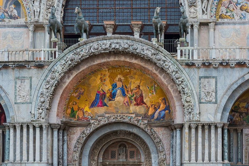 St Mark's Basilica with the mosaic of Christ on the outer façade, architecture, history, art, St Mark's Square, Venice, Italy, Europe