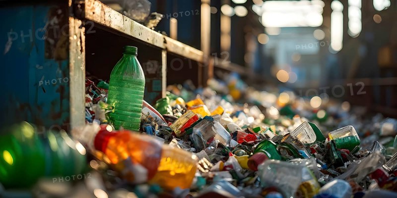 Plastic recycling process with shredded pet bottles and assorted plastic waste compressed, AI generated