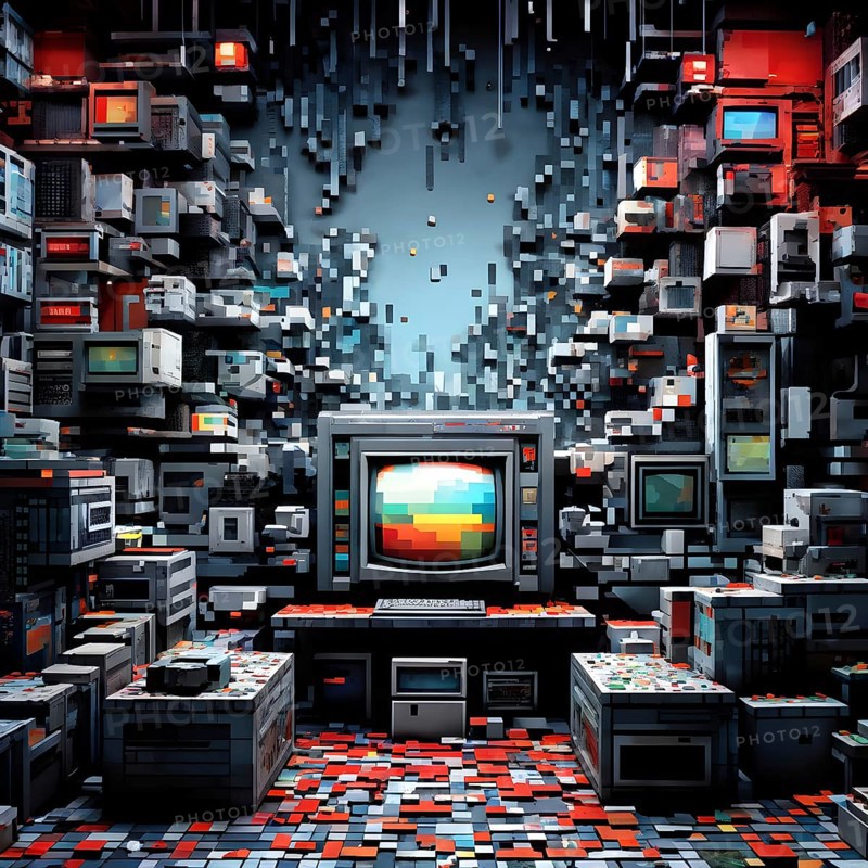 Abstract 3d pixel art technology themed pattern featuring random mosaic in vibrant hues, AI generated