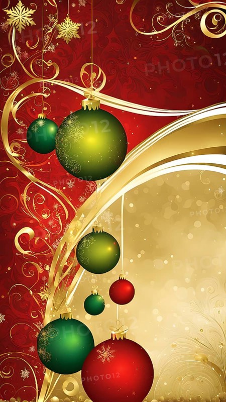 Abstract wallpaper illustration of Christmas symbols for gift cards, swirling shapes and lines, in red green and golden colors, AI generated