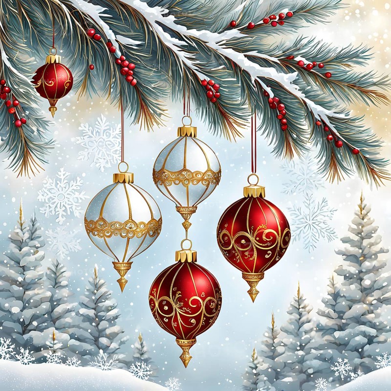 Abstract illustration of a set of ornate Christmas ornaments hanging on a snow-covered pine tree branch, AI generated