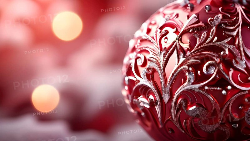 Close up of a frosted red Christmas ornament, detailed with tiny ice crystals, delicate carvings, and a soft glow, AI generated
