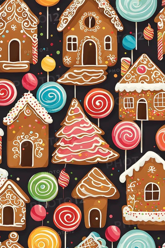 Abstract wallpaper illustration of of gingerbread house decoration, AI generated