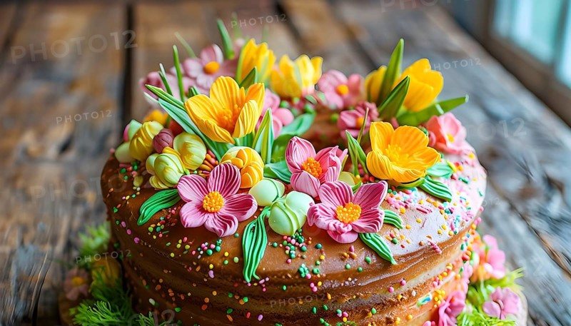 Decorated Easter cake with intricate icing flowers and colorful sprinkles, placed on a rustic wooden table, AI generated