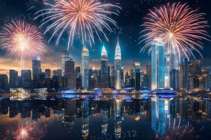 Wallpaper illustration of a cityscape on New Year's Eve, with glowing skyscrapers and floating holographic fireworks, blending a sense of festive atmosphere, AI generated