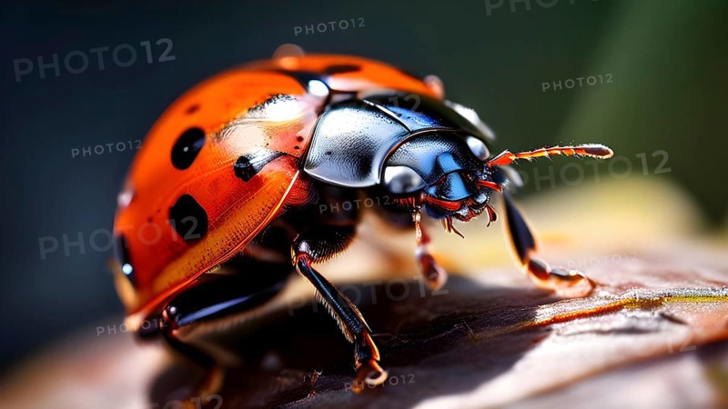 Close up of a ladybug illuminated by soft diffused light, AI generated