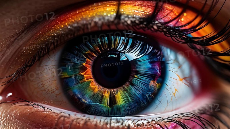Close up of eye featuring vibrant colored eyelids with intense eye shadow, AI generated