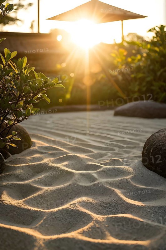 Zen garden bathed in the soft glow of dawn as a serene symbol for relaxation, AI generated