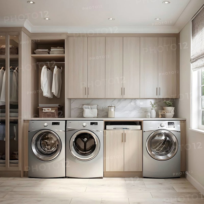Real estate laundry room with modern stackable washer and dryer, AI generated