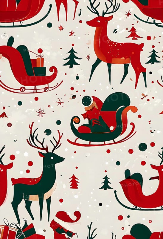 Whimsical abstract scene with stylized reindeer and sleighs to capture the magic of Christmas, AI generated