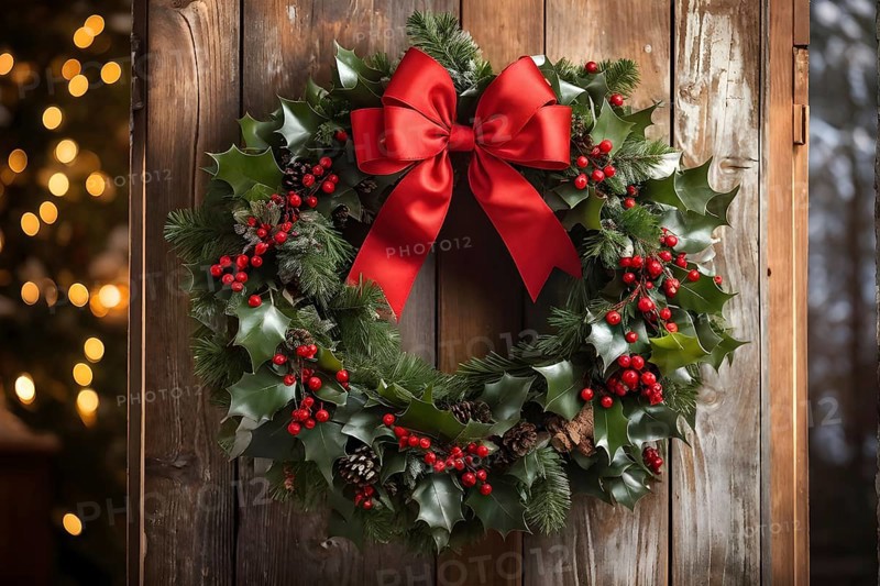 Classic holiday wreath with frosted holly leaves hanging on a rustic wooden door, AI generated
