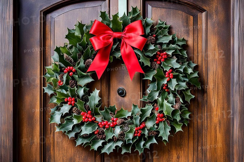 Classic holiday wreath with frosted holly leaves hanging on a rustic wooden door, AI generated
