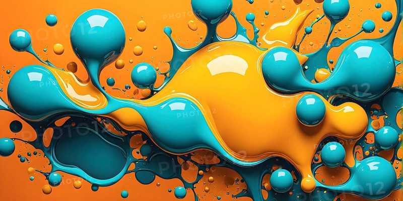 Abstract wallpaper with colorful turquoise and yellow blobs and liquid shapes on a orange background, AI generated
