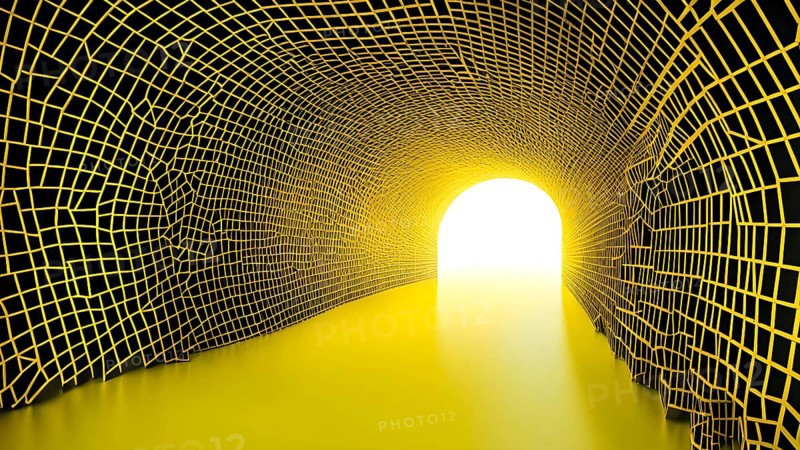 Abstract geometric pattern tunnel structure embodying data streams and communication in yellow hues, AI generated