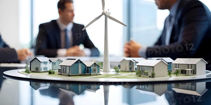 Business professionals engaged with a scale model of a wind turbine adjacent to miniature houses, AI generated