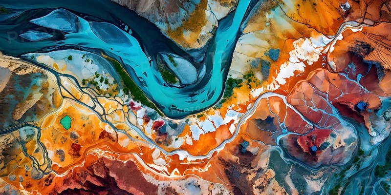 Aerial view perpendicular top down of an abstract colorful river along the coastline, AI generated