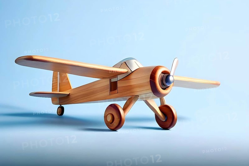 Vintage wooden plane toy with a playful design in front of blue background, AI generated