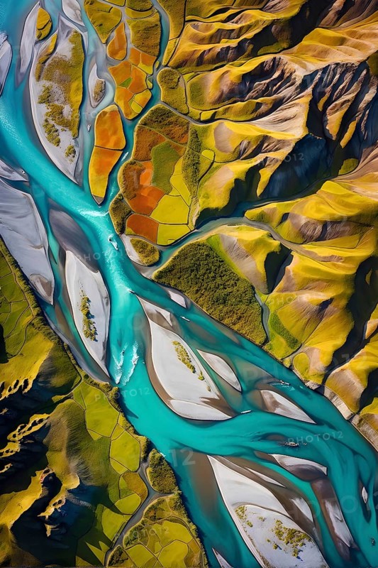 Aerial view perpendicular top down of an abstract colorful river along the coastline, AI generated