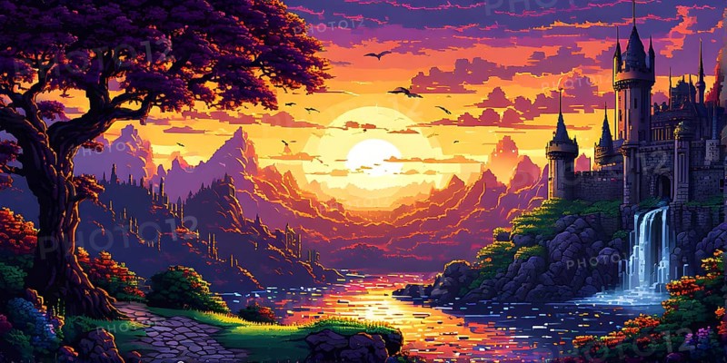 Pixel art illustration of a sprawling fantasy kingdom with majestic castle perched atop a hill, AI generated