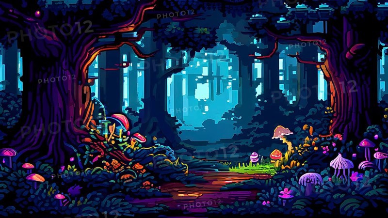 Enchanted magical forest in pixel art style with glowing mushrooms, AI generated