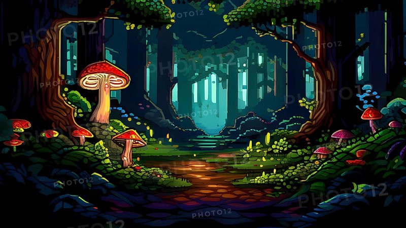 Enchanted magical forest in pixel art style with glowing mushrooms, AI generated