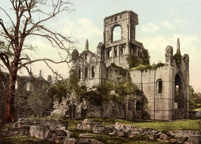 Kirkstall Abbey is the ruins of a Cistercian abbey in the northern English city of Leeds in the county of West Yorkshire, England, around 1890, Historic, digitally restored reproduction from a 19th century original
