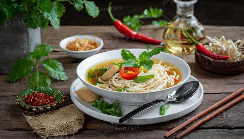 Food, a plate of chicken soup with ramen, Japanese noodles on a wooden table, AI generated, AI generated
