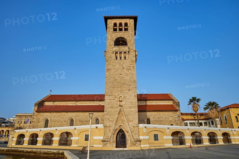 A church with bell tower and arcades under a blue sky, Church of the Annunciation of the Blessed Virgin Mary, bell tower, harbour area, Rhodes Town, Rhodes, Dodecanese, Greek Islands, Greece, Europe