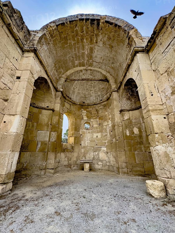 Ruins of Titus Basilica with in the centre chancel of early Christian basilica from 6th century in excavation site remains of ancient Roman city Gortys Gortyn former capital of Crete, Gortyna, Crete, Greece, Europe